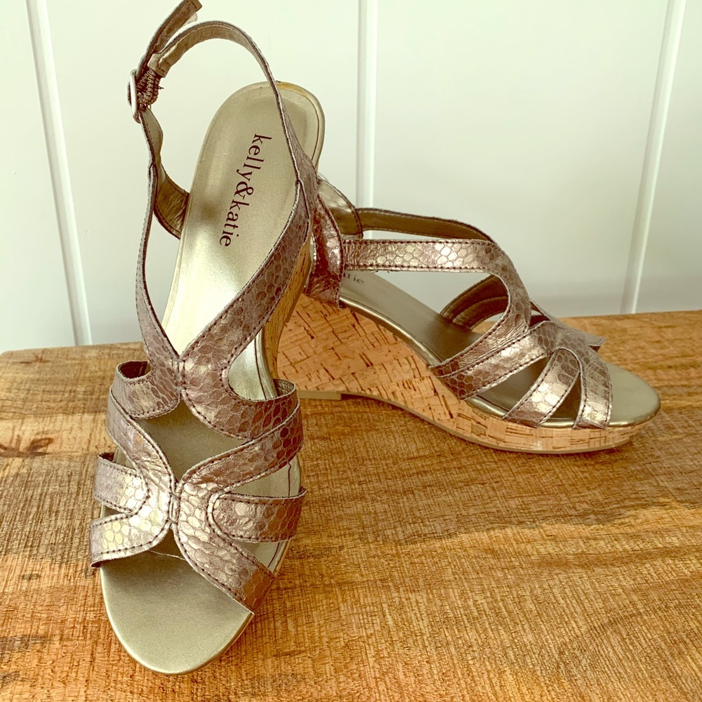 Kelly & Katie  6 1/2 Silver and Cork Wedge Heels
